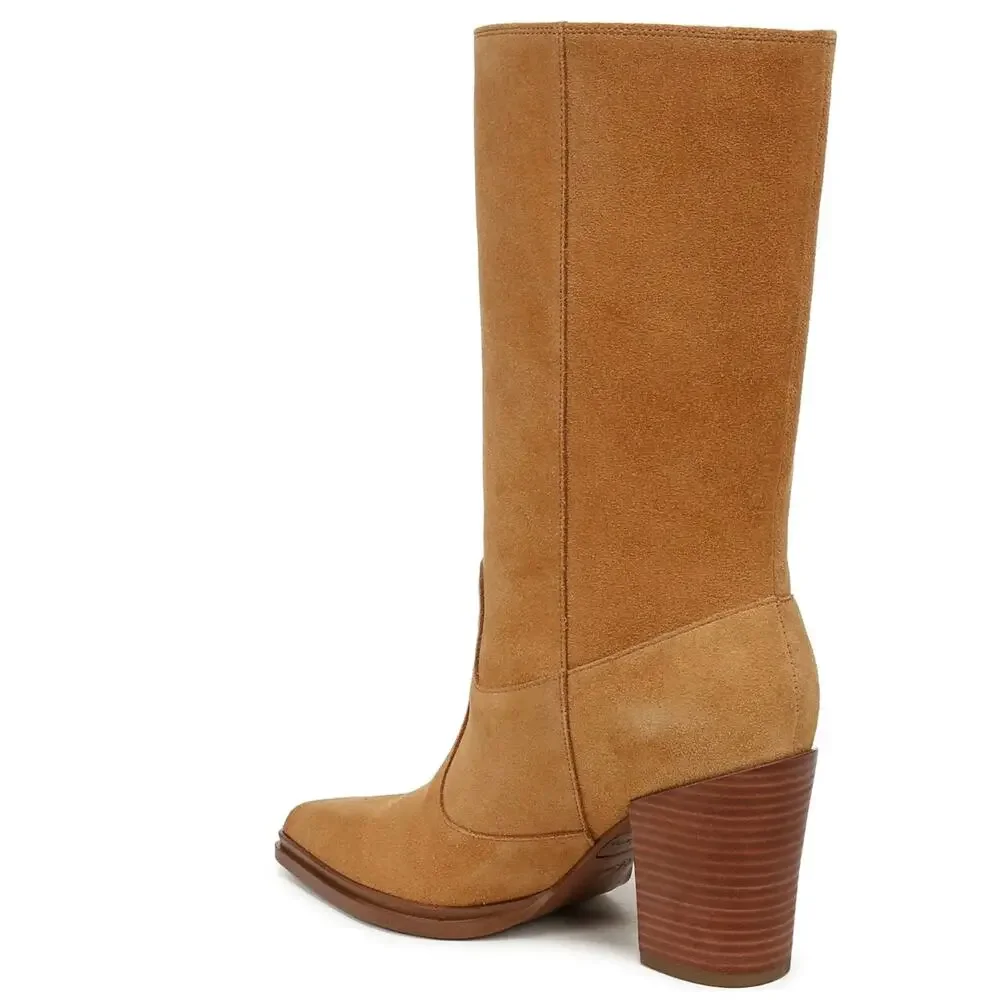 Franco Sarto Jaxon Mid-Shaft Boot Size 9 Camel/Brown Suede Block High Heel New
